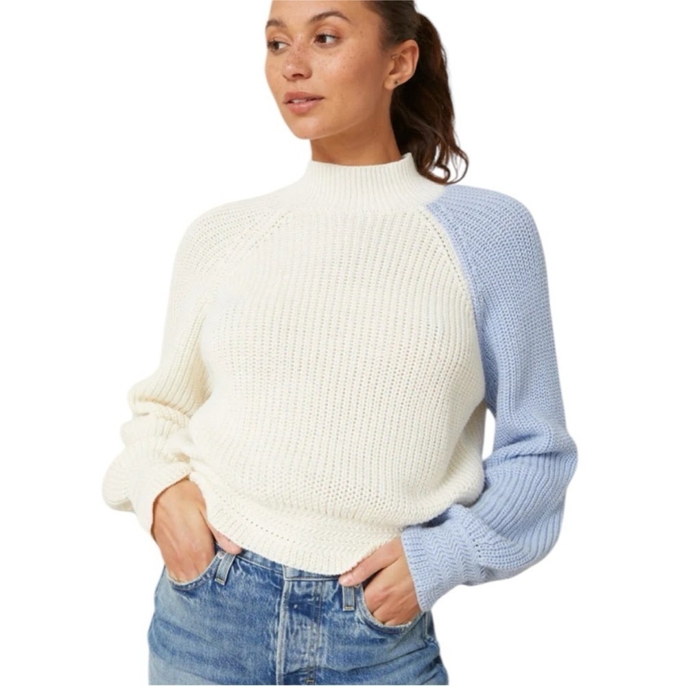 AMO Tahoe Rib Sweater In Natural/Blue Ice Size Small Mock Neck MSRP $299